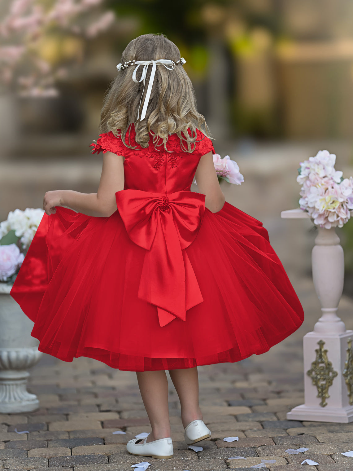 Vestido de niña de las flores de la Primera Comunión, color marfil, de tul satinado hasta la rodilla 