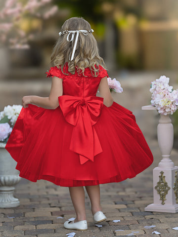 Vestido de niña de las flores de la Primera Comunión, color marfil, de tul satinado hasta la rodilla 