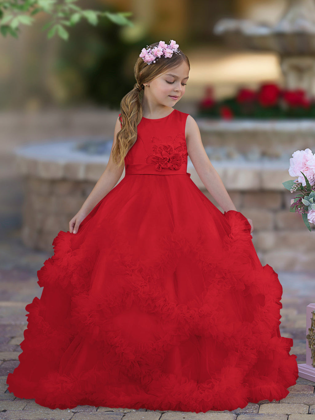 Vestido de niña de las flores de corte A, de satén y tul, hasta el suelo, con volantes en cascada. 