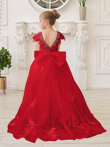 Vestido de niña de las flores para la Primera Comunión, color marfil, con cola desmontable estilo princesa. 