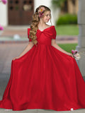 Elegante vestido de princesa de satén marfil con cola y lazo para niñas de las flores 