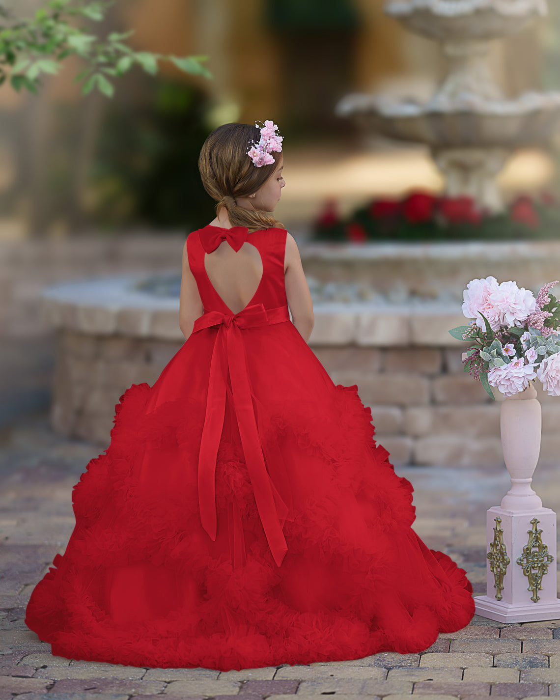 Vestido de niña de las flores de corte A, de satén y tul, hasta el suelo, con volantes en cascada. 