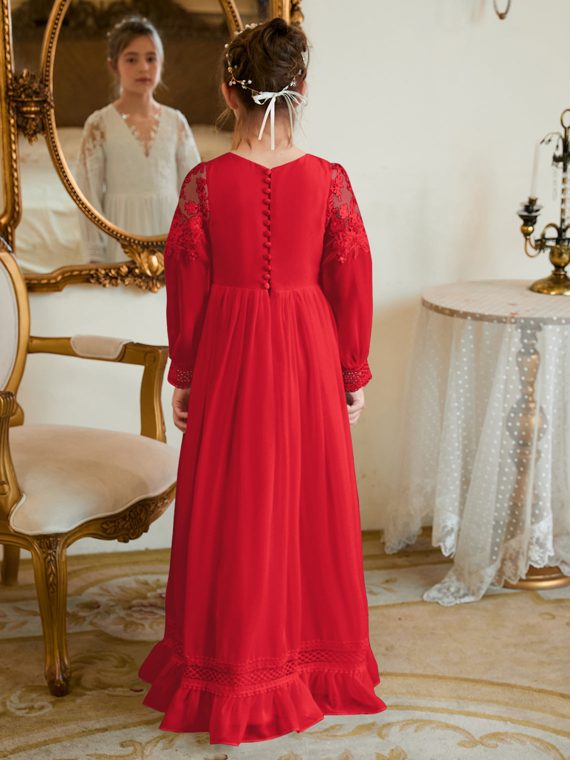 Vestido de Primera Comunión color marfil, corte en A, de gasa hasta el suelo 