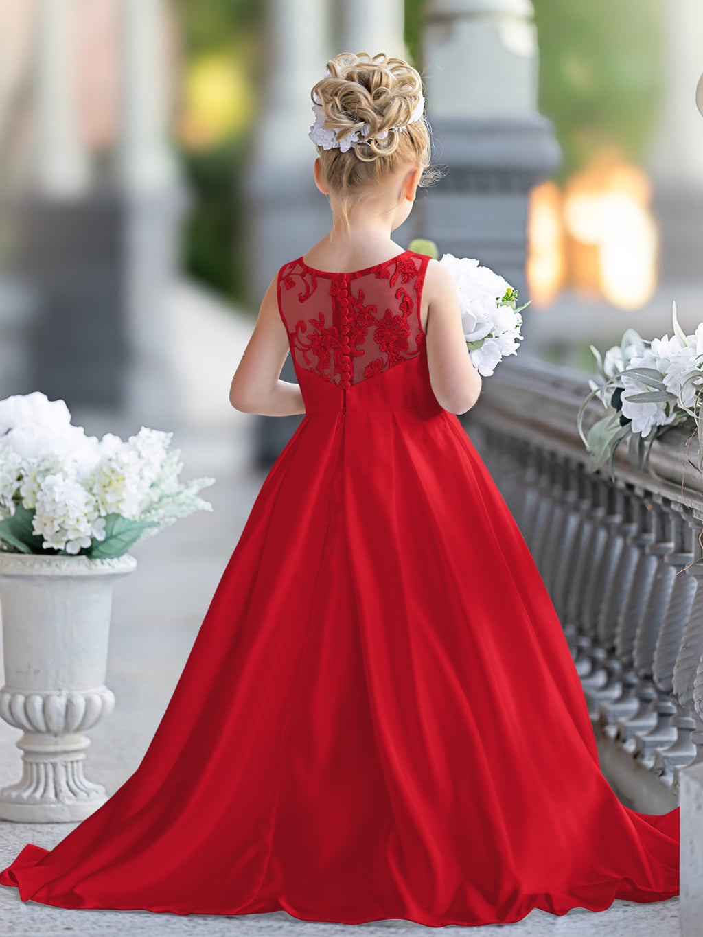 Vestido de niña de las flores para la Primera Comunión, corte en A, encaje y satén, hasta el suelo 