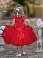 Vestido de niña de las flores de la Primera Comunión, color marfil, de tul satinado hasta la rodilla 