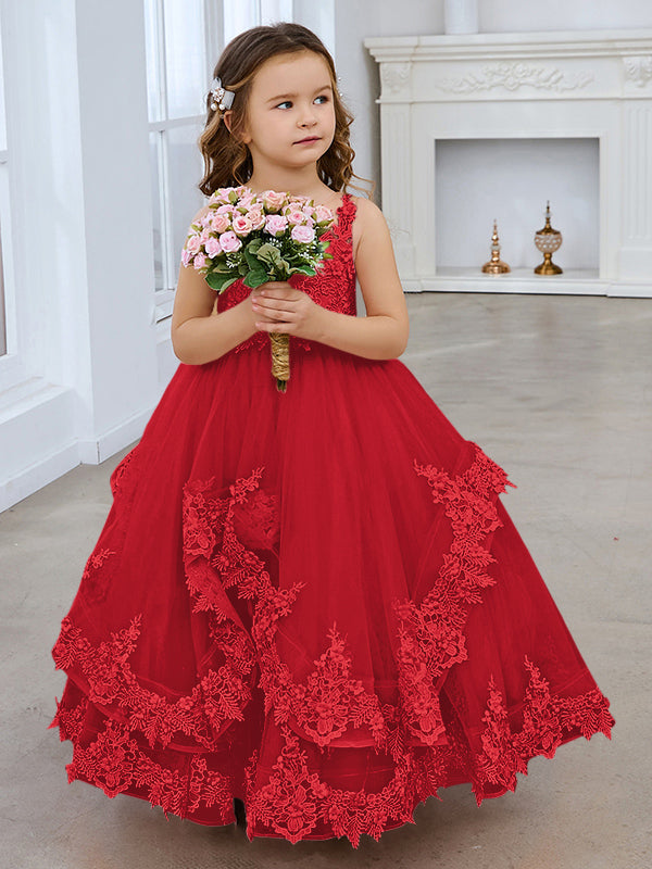 Vestido de princesa sin mangas de tul con apliques de encaje y cola corta para niñas 