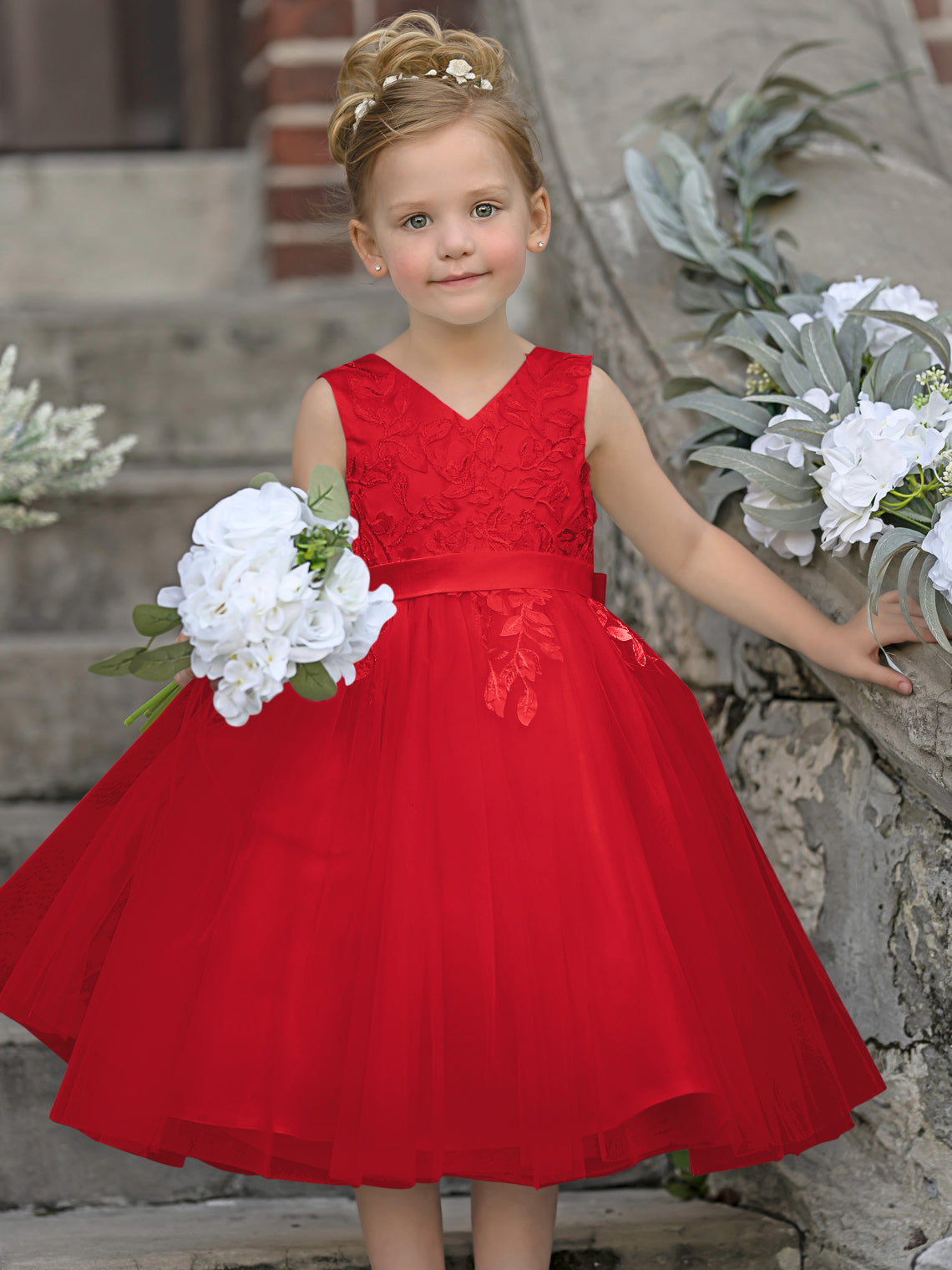Vestido de niña de las flores sin mangas de tul y encaje hasta la rodilla 
