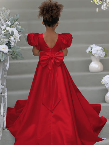 Vestido de niña de las flores con mangas abullonadas, lazo, botones en la espalda y cola de barrido 