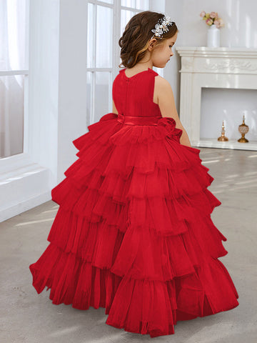 Robe de bal/robe de princesse rose perle sans manches en tulle avec nœud pour demoiselle d'honneur 