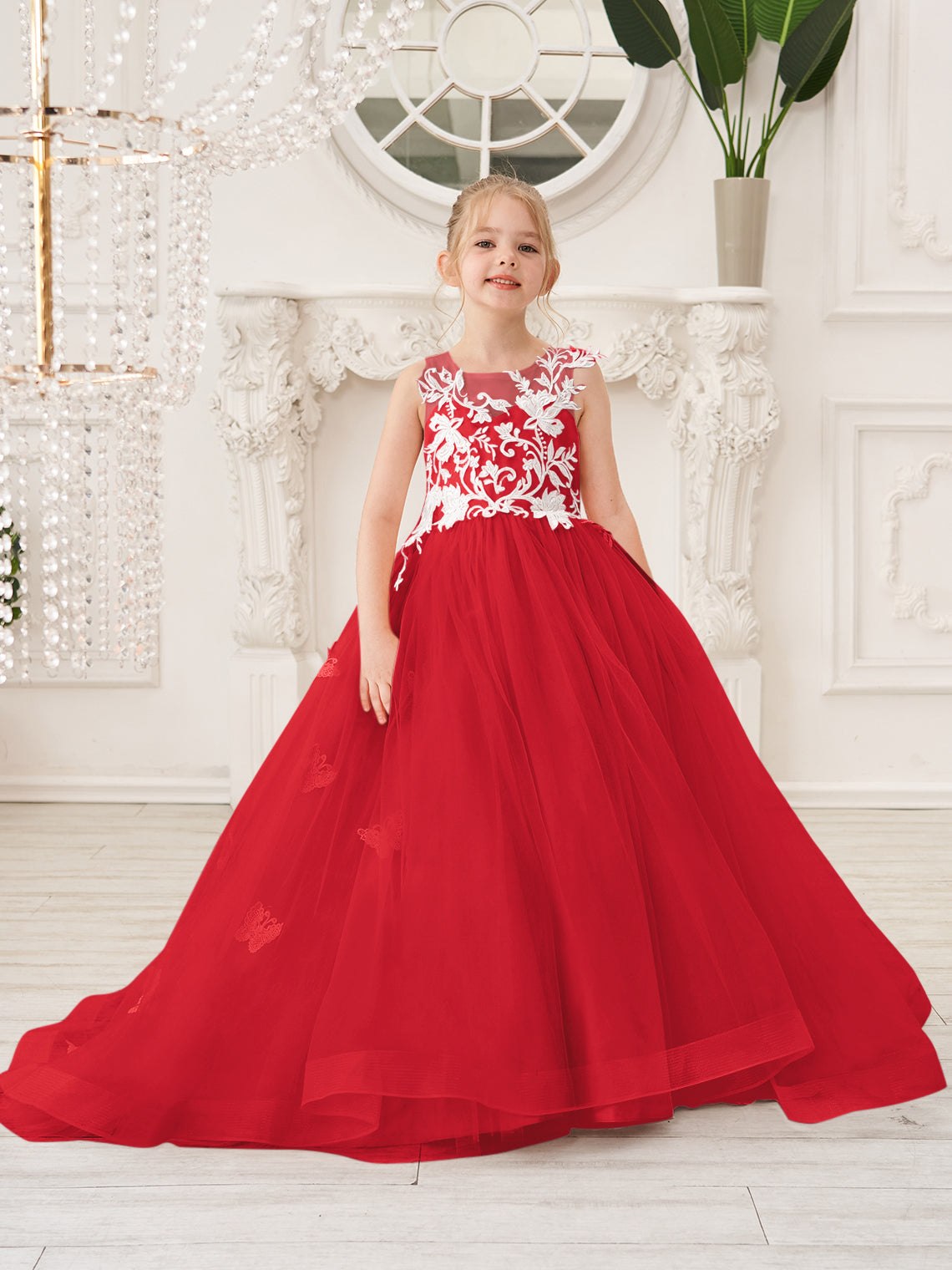 Elegante vestido de princesa sin mangas de tul para niña de las flores, corte en A 