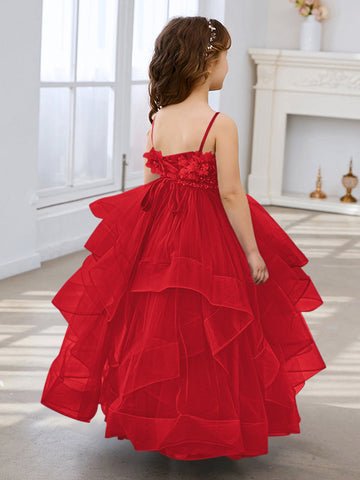 Vestido de niña de las flores de tul sin mangas, corte princesa, azul pizarra, corte en A, estilo princesa 