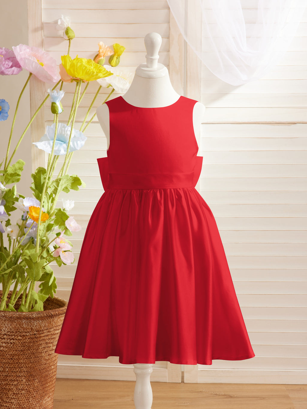 Elegante vestido de niña de las flores de satén con corte en A, espalda en V y lazo, hasta la rodilla 