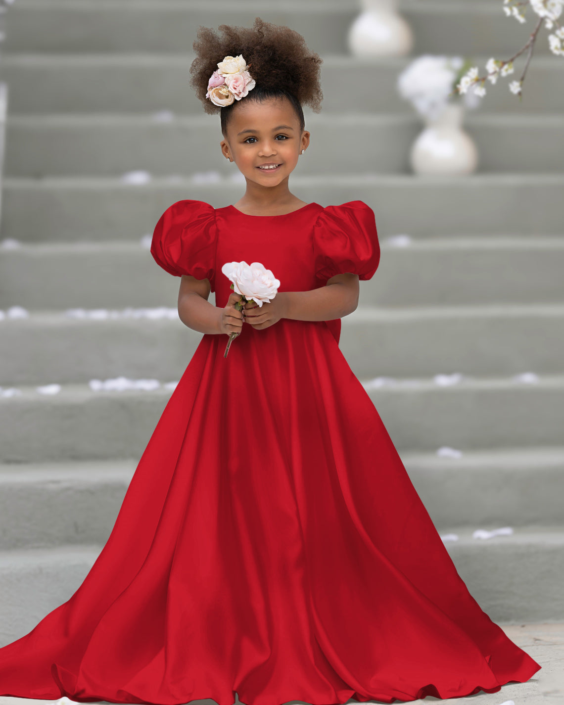 Vestido de niña de las flores con mangas abullonadas, lazo, botones en la espalda y cola de barrido 