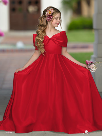 Elegante vestido de princesa de satén marfil con cola y lazo para niñas de las flores 