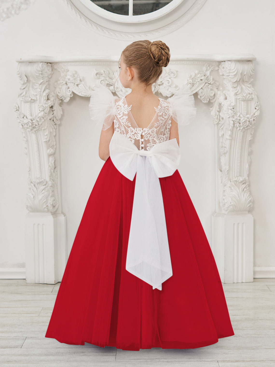Vestido de niña de las flores con cola de tul y encaje desmontable 