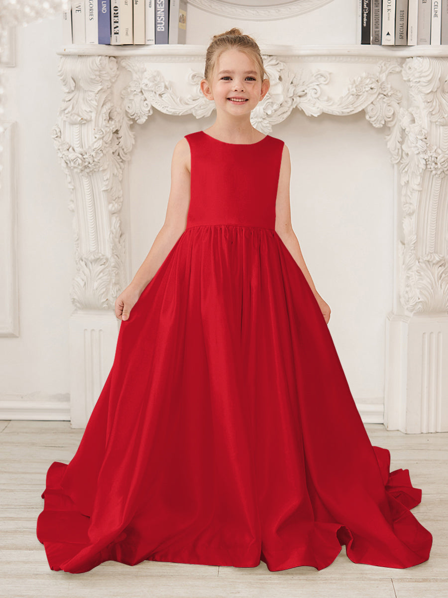Vestido de niña de las flores de satén sin mangas, corte princesa, con cola y lazo. 