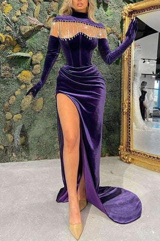 Robe de bal Regency à col montant, sirène, longue fente, manches longues