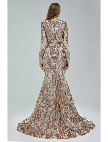 Vestido de noche corte sirena/trompeta, brillante y reluciente, ideal para carnaval, eventos formales, con cola, manga larga, escote en V, encaje afroamericano con lentejuelas.