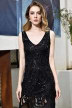 Robe de bal rétro à paillettes scintillantes, coupe ajustée, noire, col en V, sans manches, style années folles