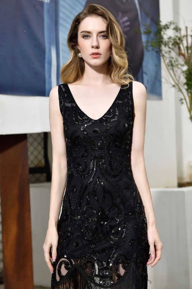 Robe de bal rétro à paillettes scintillantes, coupe ajustée, noire, col en V, sans manches, style années folles