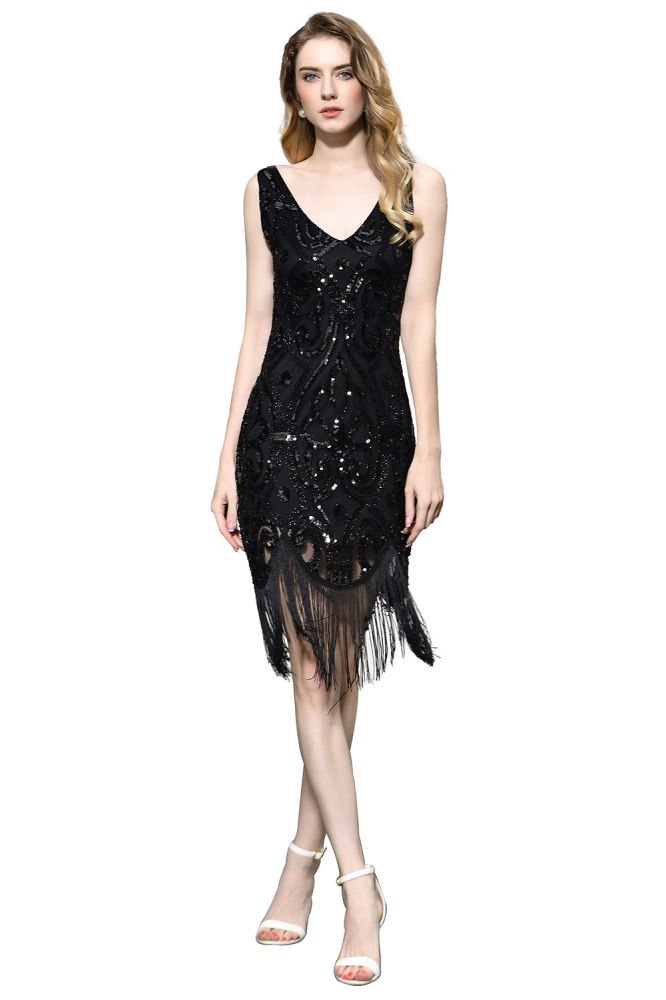 Robe de bal rétro à paillettes scintillantes, coupe ajustée, noire, col en V, sans manches, style années folles
