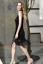 Robe de bal rétro à paillettes scintillantes, coupe ajustée, noire, col en V, sans manches, style années folles