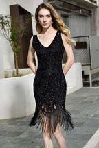 Robe de bal rétro à paillettes scintillantes, coupe ajustée, noire, col en V, sans manches, style années folles