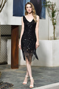 Robe de bal rétro à paillettes scintillantes, coupe ajustée, noire, col en V, sans manches, style années folles