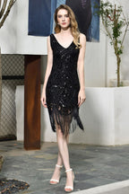 Robe de bal rétro à paillettes scintillantes, coupe ajustée, noire, col en V, sans manches, style années folles