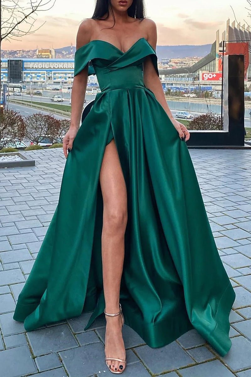 Vestidos de fiesta corte A, estilo celebridad, vestidos largos de Navidad, manga corta, escote en V, satén con abertura