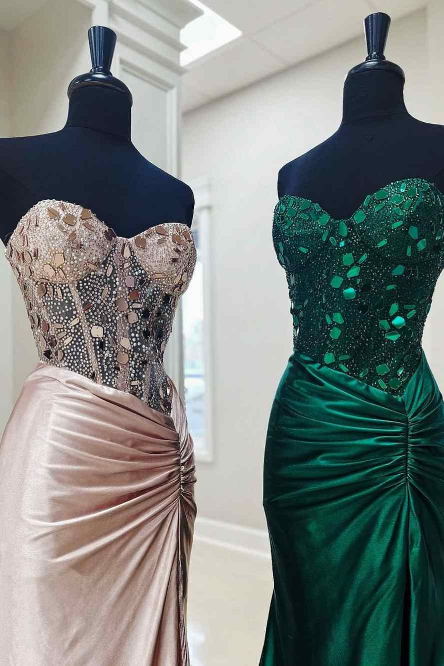 Rodina | Vestido largo de noche con corsé de cristal tallado y pedrería, con abertura 