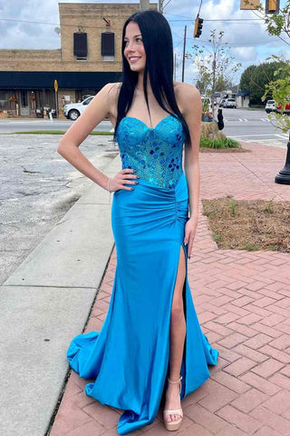 Rodina | Vestido largo de noche con corsé de cristal tallado y pedrería, con abertura 