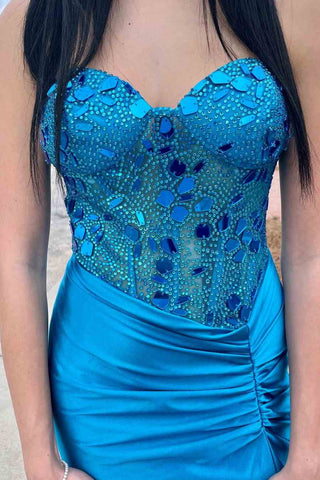 Rodina | Vestido largo de noche con corsé de cristal tallado y pedrería, con abertura 