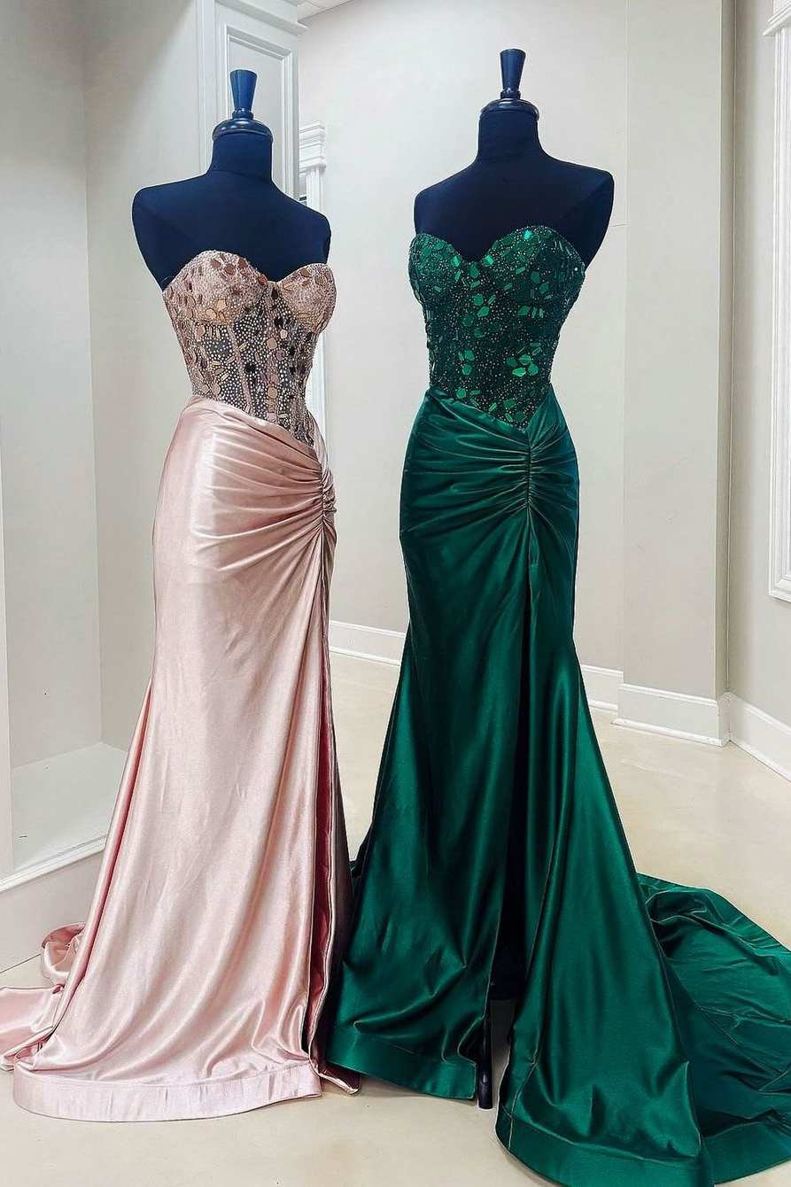 Rodina | Vestido largo de noche con corsé de cristal tallado y pedrería, con abertura 