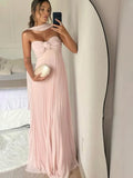 Rodri | Vestido largo de fiesta de gasa rosa claro sin tirantes, corte en A