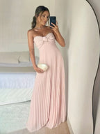 Rodri | Vestido largo de fiesta de gasa rosa claro sin tirantes, corte en A