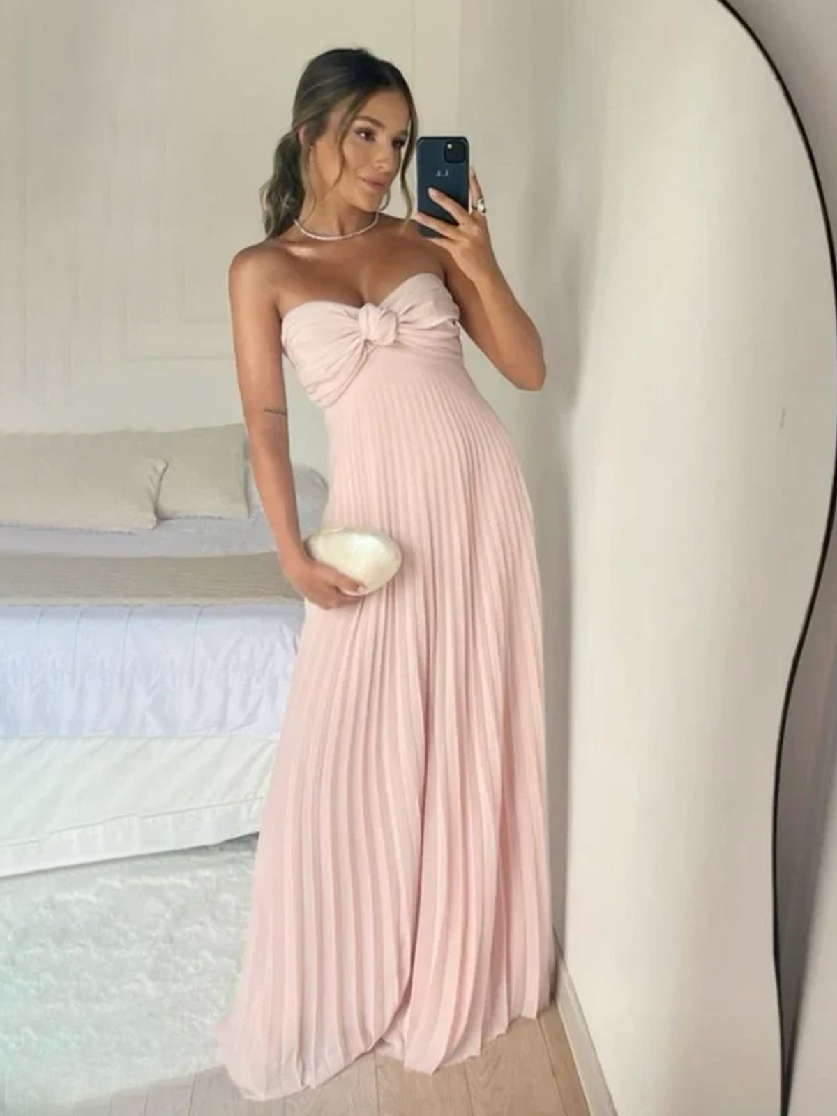 Rodri | Vestido largo de fiesta de gasa rosa claro sin tirantes, corte en A