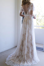 Robe de mariée longue romantique en dentelle blanche, coupe trapèze, dos nu, WD111