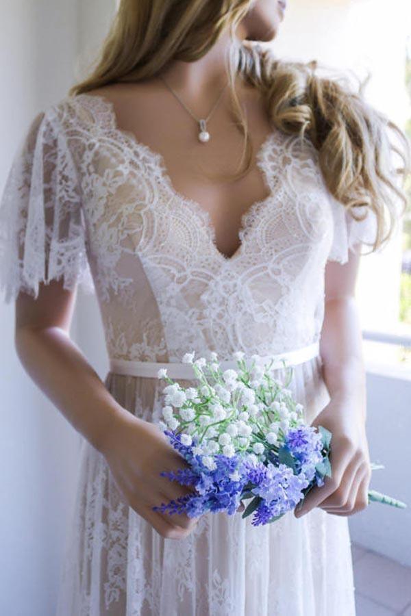 Robe de mariée longue romantique en dentelle blanche, coupe trapèze, dos nu, WD111