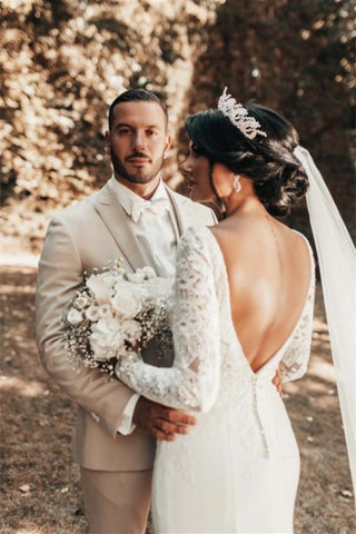 Vestidos de novia de sirena románticos con espalda descubierta y mangas largas