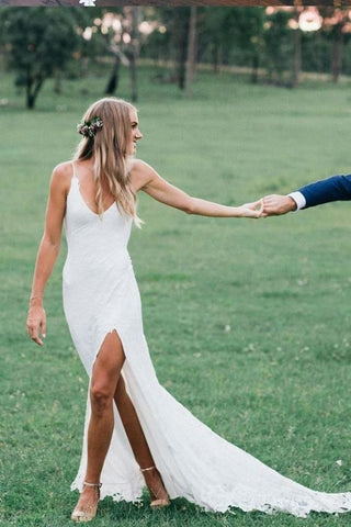 Vestidos de novia elegantes estilo sirena, románticos, bohemios, con escote en U profundo, espalda descubierta y encaje. 