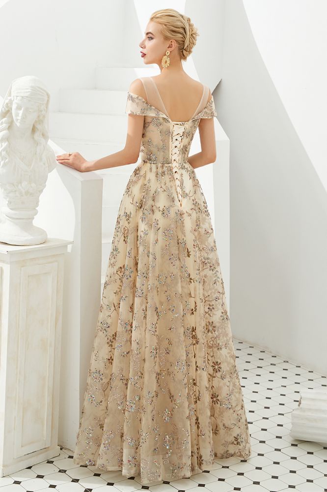 Romantic Floral Short Sleeves aline Spring Evening Party Dress Floor Length Dancing Dress