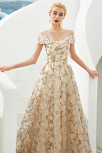 Romantic Floral Short Sleeves aline Spring Evening Party Dress Floor Length Dancing Dress