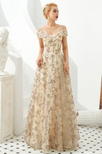 Romantic Floral Short Sleeves aline Spring Evening Party Dress Floor Length Dancing Dress