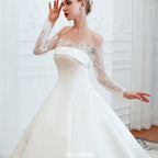 Vestido de novia de satén y encaje romántico estilo princesa | Vestido de novia corte A con cola catedral