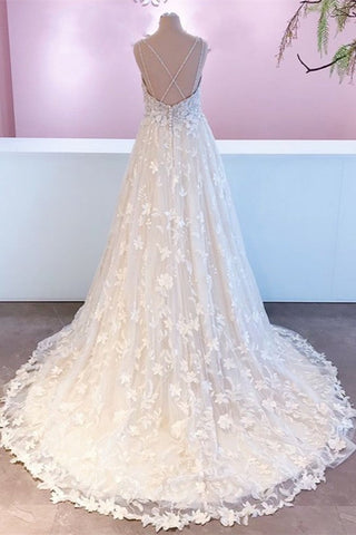 Vestido de novia romántico largo de corte A con escote corazón, apliques de encaje y tul