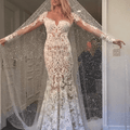 Robe de mariée sirène ivoire en dentelle, dos nu et ornée d'appliqués romantiques (WD140)