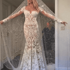 Robe de mariée sirène ivoire en dentelle, dos nu et ornée d'appliqués romantiques (WD140)