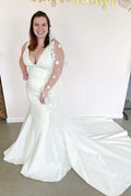 Romantic Long Mermaid V-neck Wide Straps Open Back Wedding Dress