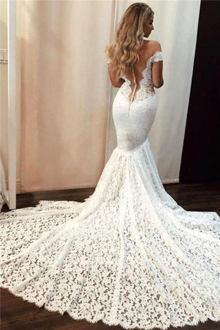 Vestido de novia largo de sirena con apliques de encaje y hombros descubiertos, estilo romántico